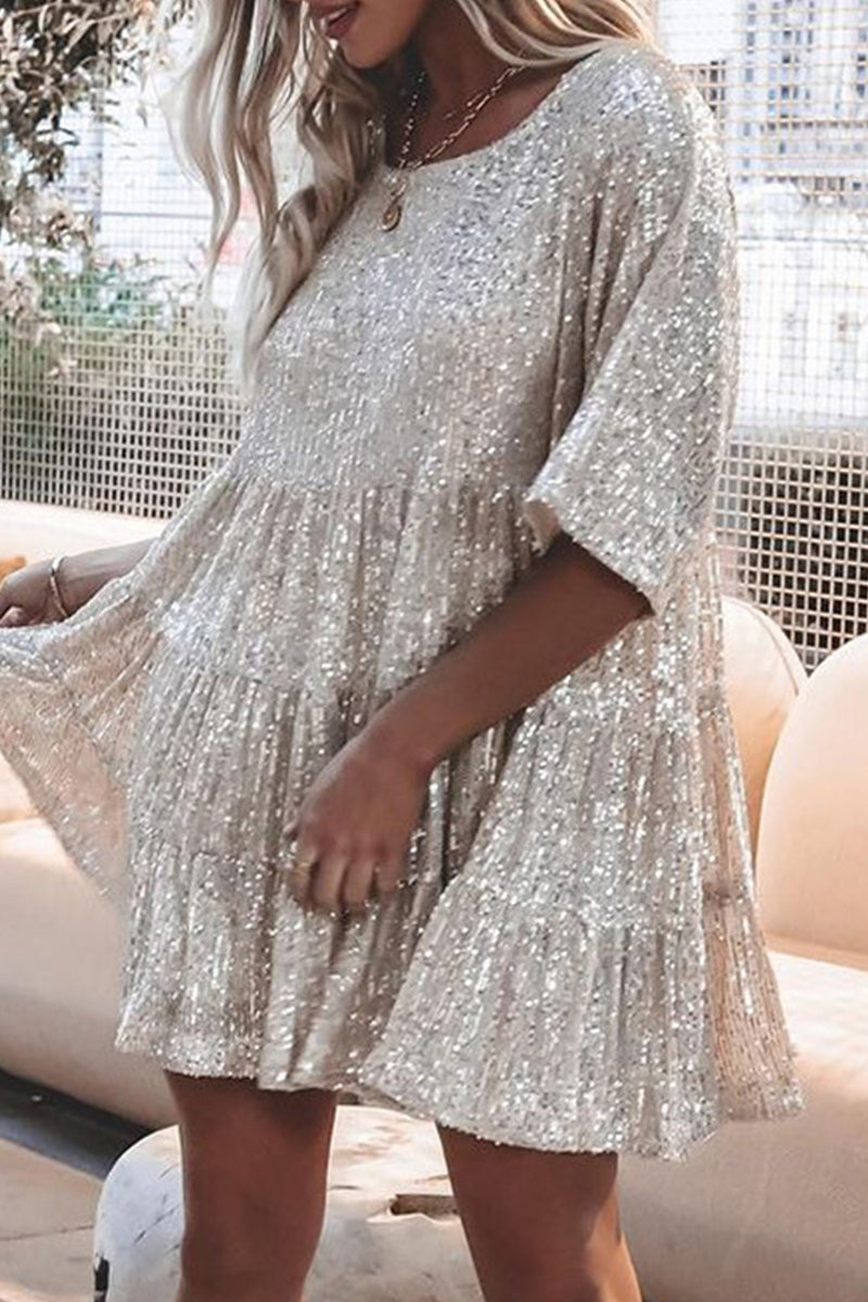 Casual Solid Sequins Sequined O Neck A Line Dresses