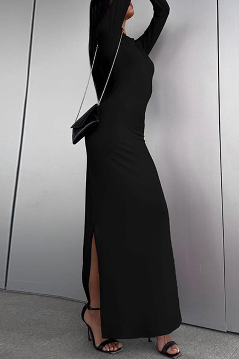 Obbty Celebrities Elegant Solid Slit O Neck Long Sleeve Dresses