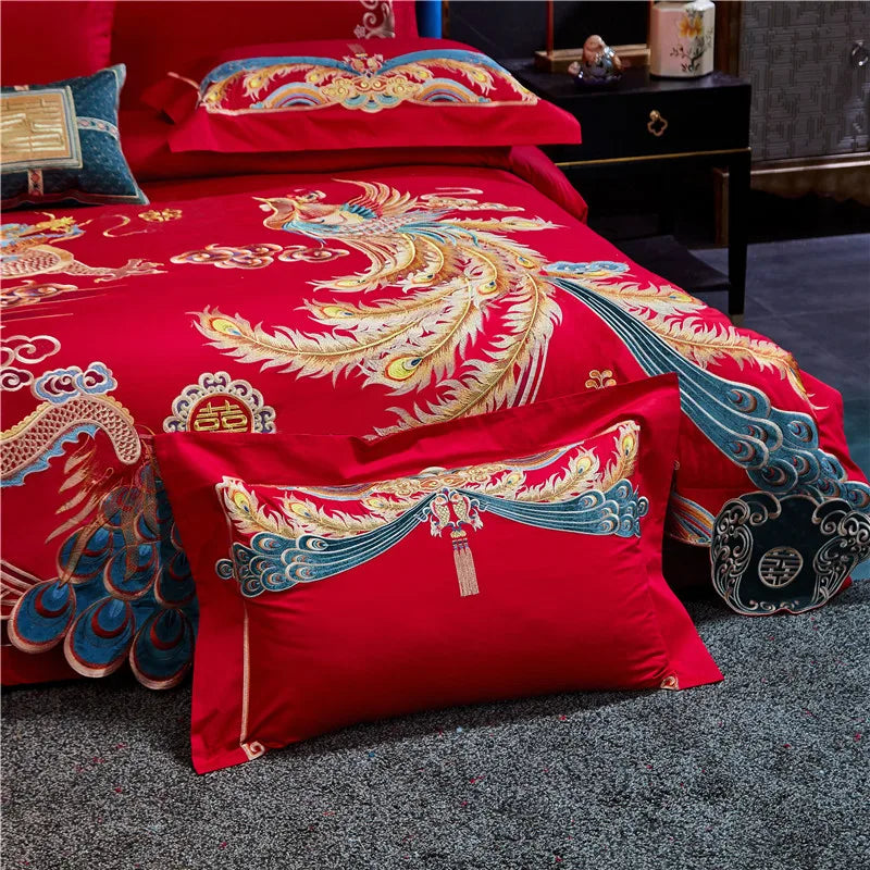 Obbty Luxury 4/6/9Pcs Satin Jacquard Chinese Wedding Bedding Set 1000TC Egyptian Cotton Gold Long Phoenix Tassel Quilt Cover Bedspread