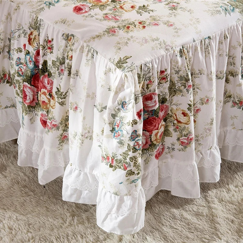 Obbty 100% Cotton Princess Bed Skirt Korean Style Bedding Flower Printing Ruffle Bedspread Sheet Mattress Cover With Pillowcases