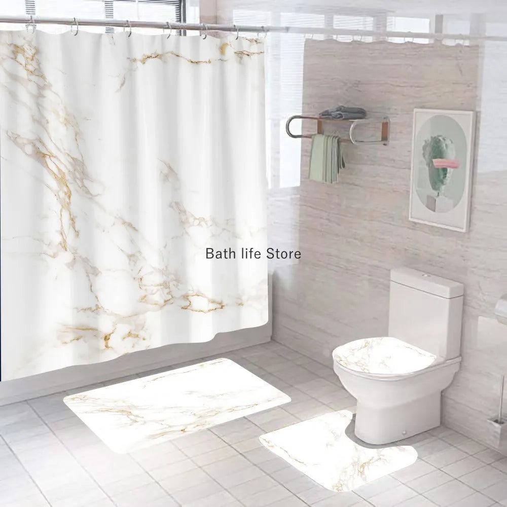 Obbty White Marble Shower Curtain Luxury Golden Modern With Non Slip Rug Mat Bathroom Curtain Waterproof Polyester Home Decor 180x180