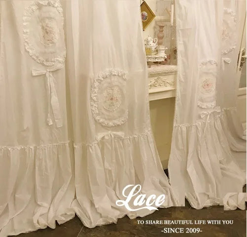 Obbty Handmade 100% Cotton Blackout Curtains Princess Ruffles Cake Layer Soild White Cortinas Lolita Palace Luxury Brand Window Drapes