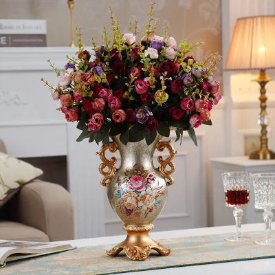 Obbty Luxury European Resin Vase Stereoscopic Dried Fowers Arrangement Wobble Plate Living Room Entrance Ornaments Home Decorations