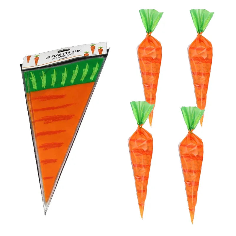 Obbty 20pcs Easter Carrot Candy Bag Easter Bunny Rabbit Gift Bag Candy Cone Plastic Bags Happy Spring Easter Birthday Party Decoration