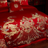 Obbty New Luxury Red 100% Cotton Gold Phoenix Loong Embroidery Chinese Wedding Bedding Set Duvet Cover Bed sheet Bedspread Pillowcases