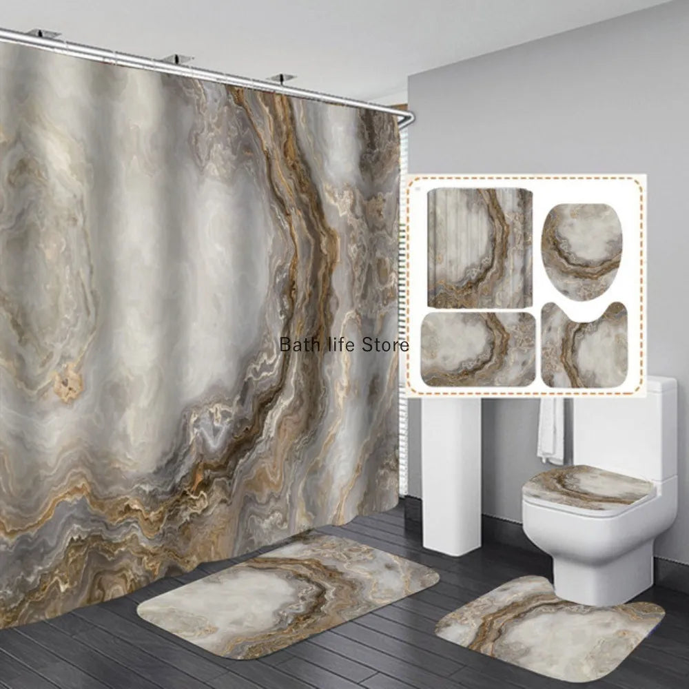 Obbty White Marble Shower Curtain Luxury Golden Modern With Non Slip Rug Mat Bathroom Curtain Waterproof Polyester Home Decor 180x180