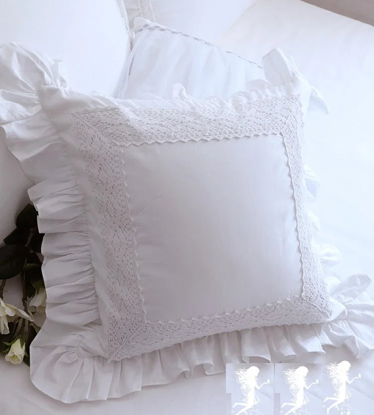 Obbty Korean 100% Cotton Solid White Cushion Covers, Ruffles Cake Layers Pillow Cases, Princess Romantic Pink Lace Pillow Covers