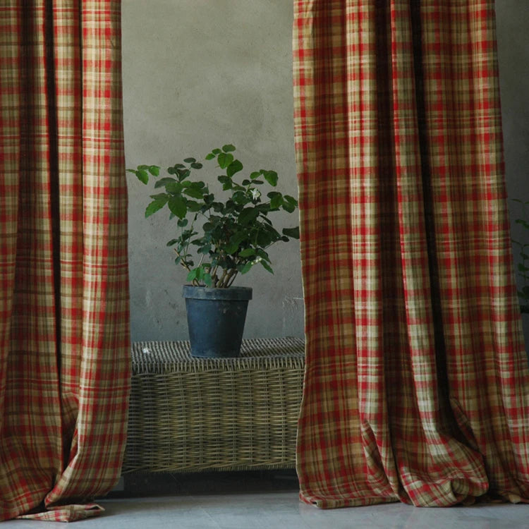 Obbty Classic Plaid Light Flittering Curtains, 100% Cotton Linen, British Lattice, Living Room, Bedroom Curtain, Pastoral Window Drape