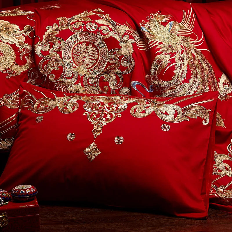 Obbty New Luxury Red 100% Cotton Gold Phoenix Loong Embroidery Chinese Wedding Bedding Set Duvet Cover Bed sheet Bedspread Pillowcases