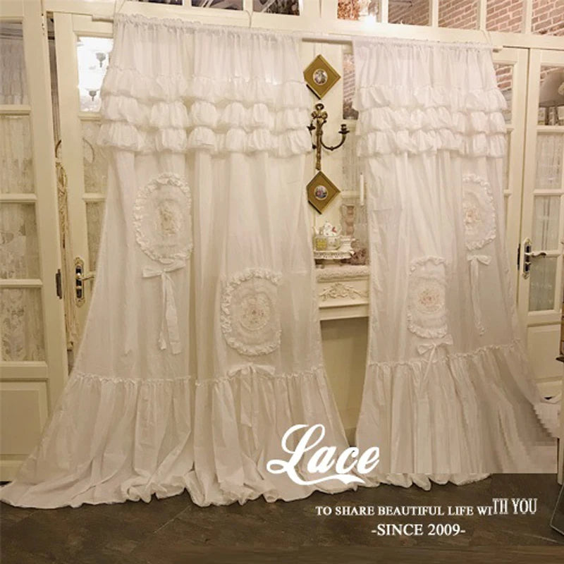 Obbty Handmade 100% Cotton Blackout Curtains Princess Ruffles Cake Layer Soild White Cortinas Lolita Palace Luxury Brand Window Drapes