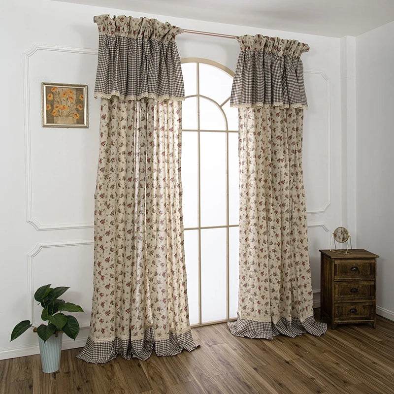 Obbty Korean Rural Plaid Curtains Floral Cotton Linen Blackout Cortinas Beautiful Pastoral Ruffles Window Treatments with Valance