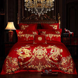 Obbty New Luxury Red 100% Cotton Gold Phoenix Loong Embroidery Chinese Wedding Bedding Set Duvet Cover Bed sheet Bedspread Pillowcases