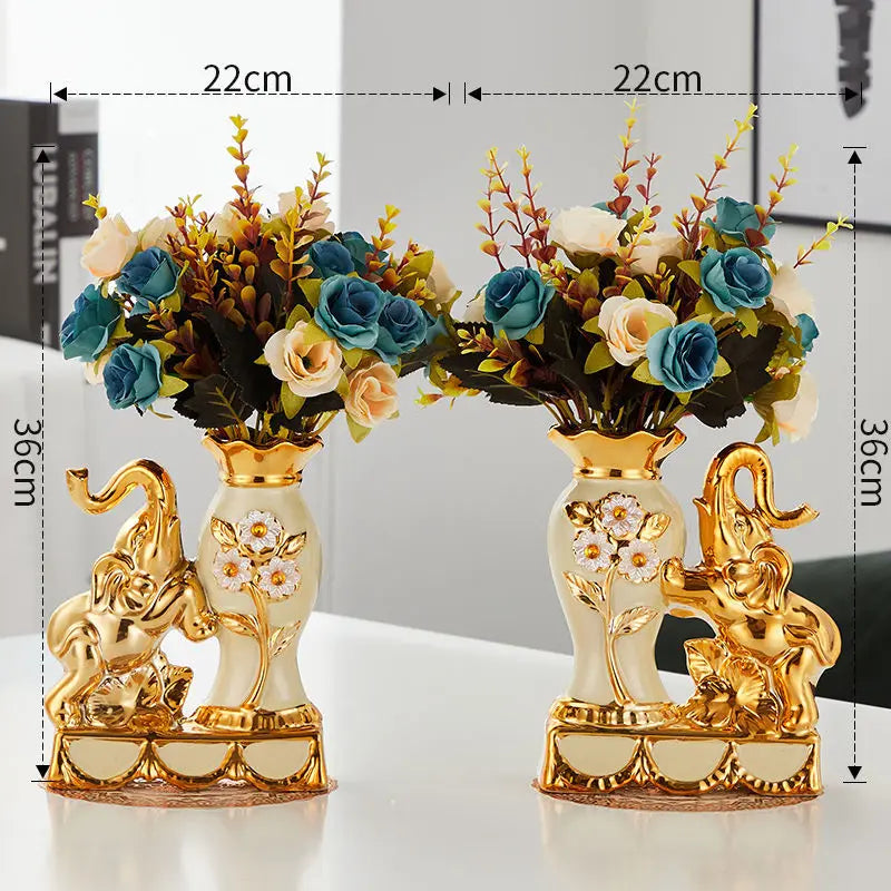 Obbty European Style Ceramic Golden Vase Arrangement Dining Table Home Decoration Accessories Creative Golden Elephant Vases