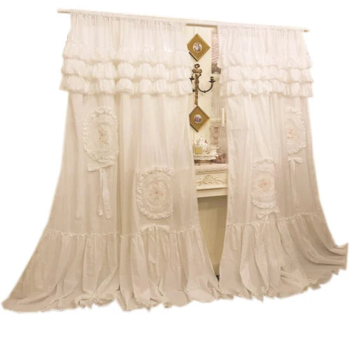 Obbty Handmade 100% Cotton Blackout Curtains Princess Ruffles Cake Layer Soild White Cortinas Lolita Palace Luxury Brand Window Drapes