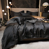 Obbty New Luxury Black Gold Yarndyed Jacquard Egyptian Cotton Bedding Set Satin Smooth Duvet Cover Flat/Fitted Sheet Pillowcases 4Pcs