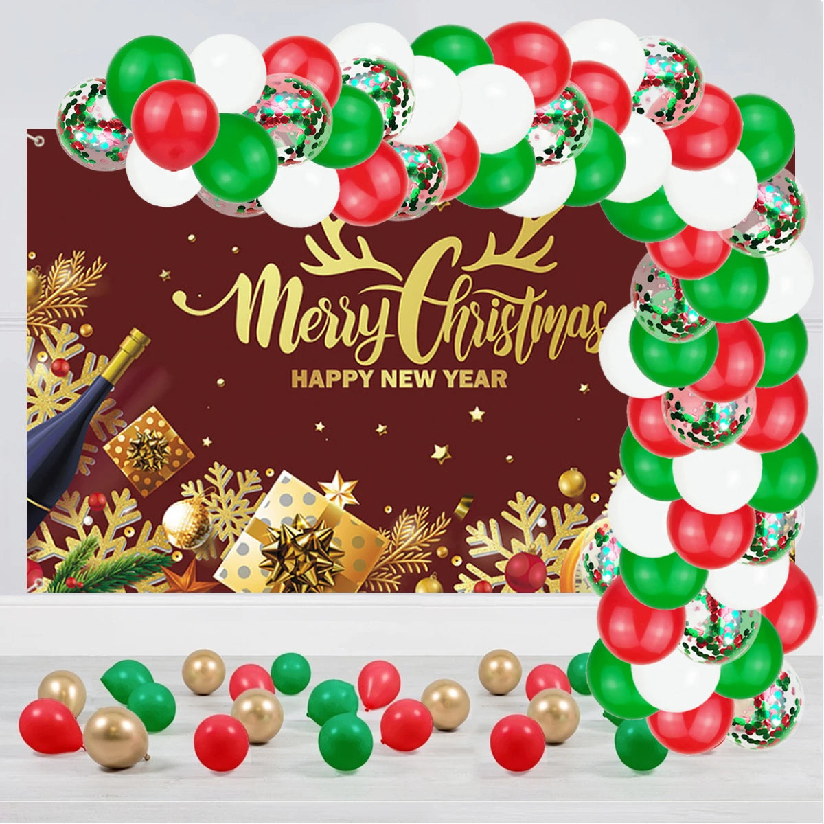 Obbty 70Pcs Red White Green Latex Metallic Gold Balloons Confetti Christmas Gift Party Home Room Adult Wall Decorations Globos