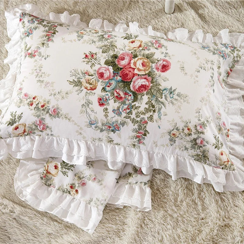 Obbty 100% Cotton Princess Bed Skirt Korean Style Bedding Flower Printing Ruffle Bedspread Sheet Mattress Cover With Pillowcases