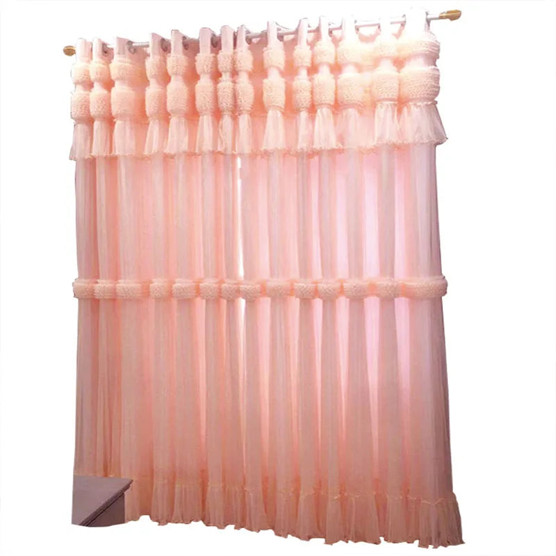 Obbty New Princess Double Layer Shading Pink Blackout Curtain Drape for Baby Girl Bedroom Lace Flower Living Room Wedding Window Decor