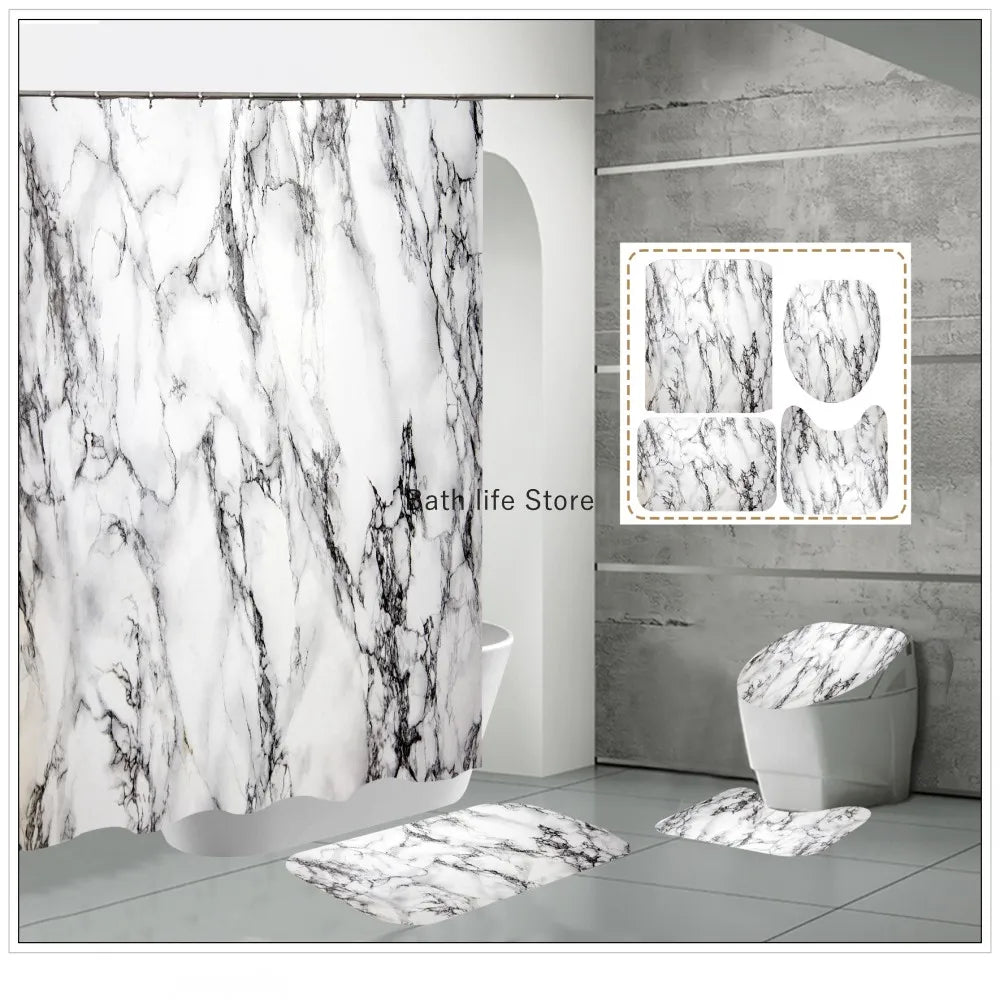 Obbty White Marble Shower Curtain Luxury Golden Modern With Non Slip Rug Mat Bathroom Curtain Waterproof Polyester Home Decor 180x180