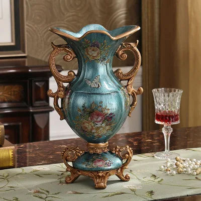 Obbty Luxury European Resin Vase Stereoscopic Dried Fowers Arrangement Wobble Plate Living Room Entrance Ornaments Home Decorations