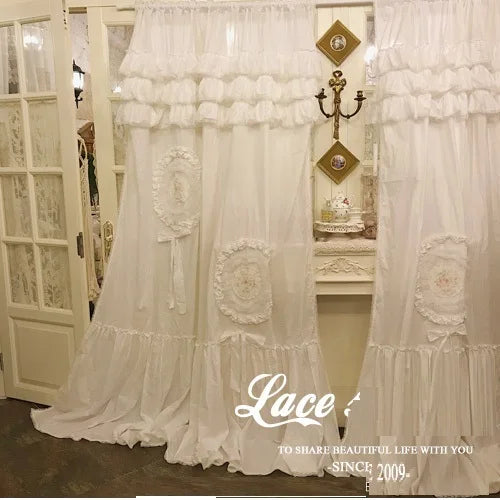 Obbty Handmade 100% Cotton Blackout Curtains Princess Ruffles Cake Layer Soild White Cortinas Lolita Palace Luxury Brand Window Drapes