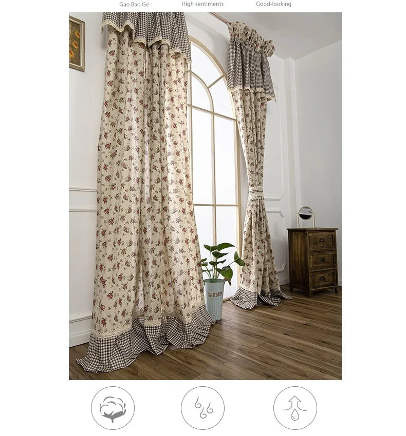 Obbty Korean Rural Plaid Curtains Floral Cotton Linen Blackout Cortinas Beautiful Pastoral Ruffles Window Treatments with Valance