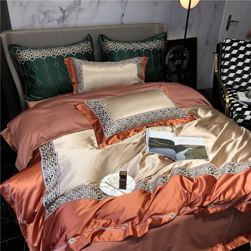 Obbty Luxury Champagne/Orange Retro Egyptian Cotton High Precision Embroidery Bedding Set Satin Smooth Duvet Cover BedSheet Pillowcase