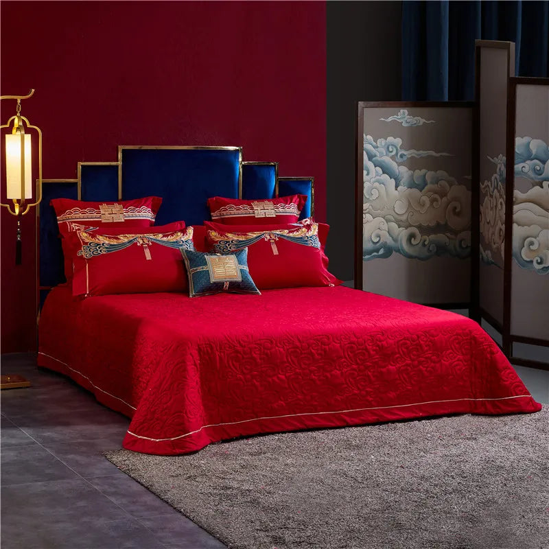 Obbty Luxury 4/6/9Pcs Satin Jacquard Chinese Wedding Bedding Set 1000TC Egyptian Cotton Gold Long Phoenix Tassel Quilt Cover Bedspread