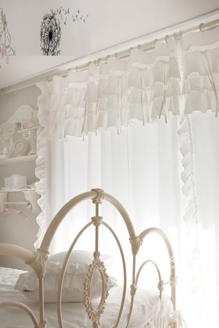 Obbty Premium Cotton Solid White Blackout Curtain for Living Room Fashion Princess Lace Window Drapes with Ruffles Ties for Bedroom