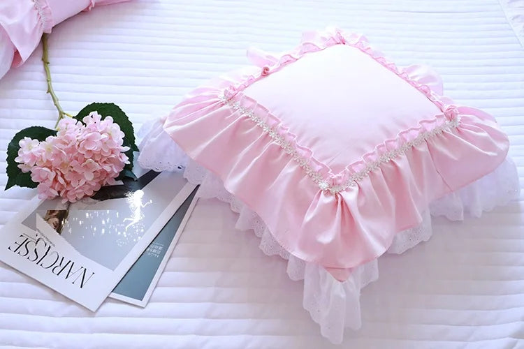 Obbty Korean 100% Cotton Solid White Cushion Covers, Ruffles Cake Layers Pillow Cases, Princess Romantic Pink Lace Pillow Covers