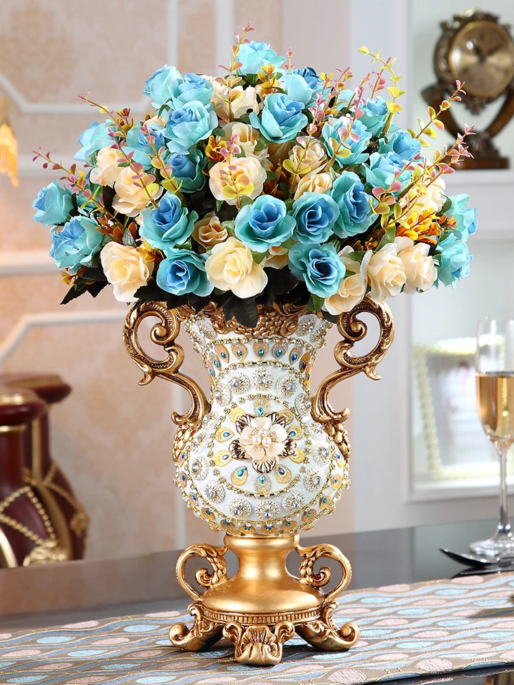 Obbty Luxury European Resin Vase Stereoscopic Dried Fowers Arrangement Wobble Plate Living Room Entrance Ornaments Home Decorations