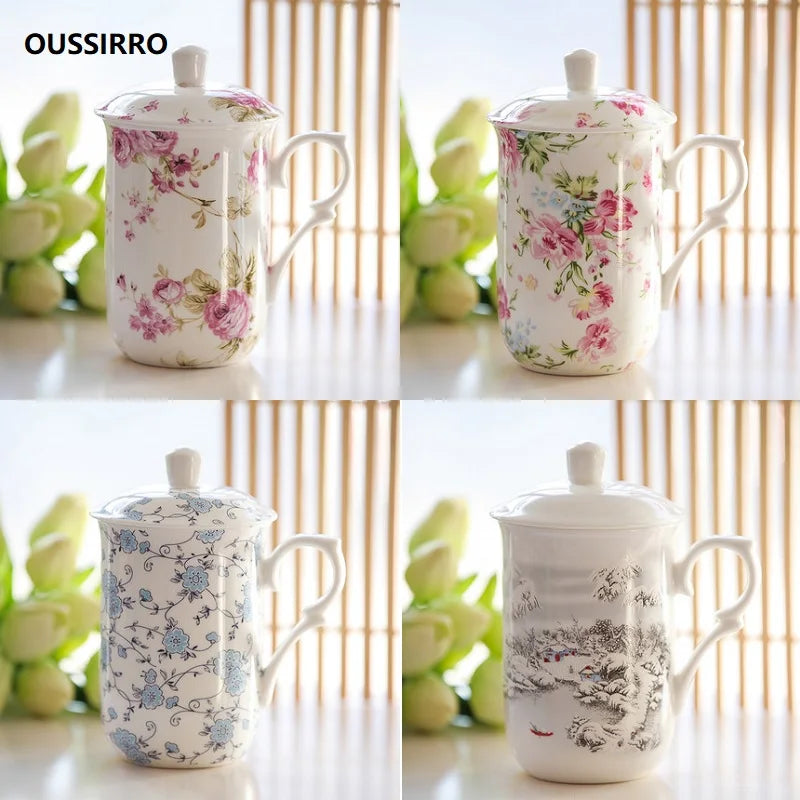 Obbty Bone china Mugs with lid Creative Ceramic Milk coffee Mug cup Elegant Wedding Gift