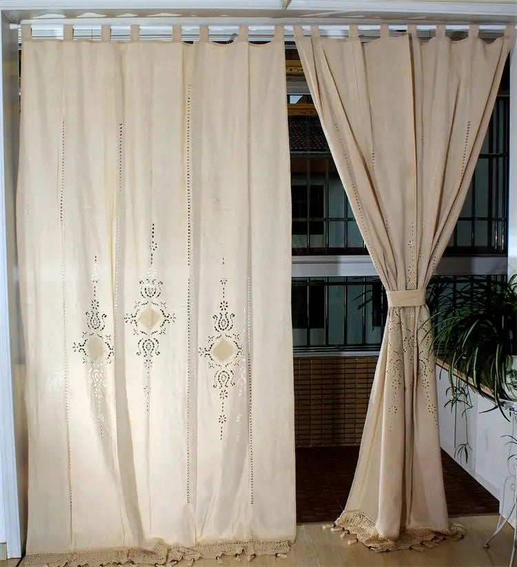 Obbty Linen Hollow Solid Curtain Handmade Crochet Bottom Stitching 70% Blackout Window Curtain Customizable for Living Room