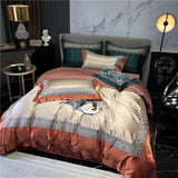 Obbty Luxury Champagne/Orange Retro Egyptian Cotton High Precision Embroidery Bedding Set Satin Smooth Duvet Cover BedSheet Pillowcase