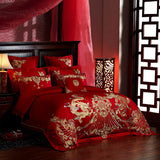 Obbty New Luxury Red 100% Cotton Gold Phoenix Loong Embroidery Chinese Wedding Bedding Set Duvet Cover Bed sheet Bedspread Pillowcases