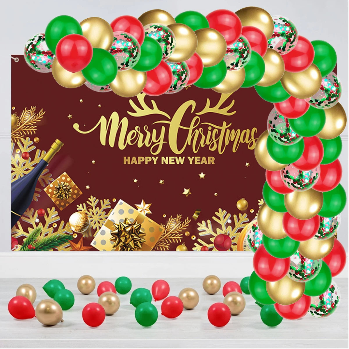 Obbty 70Pcs Red White Green Latex Metallic Gold Balloons Confetti Christmas Gift Party Home Room Adult Wall Decorations Globos