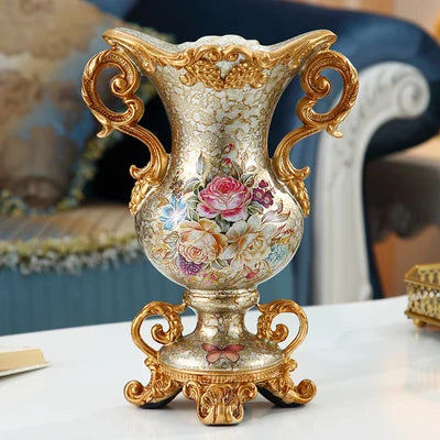 Obbty Luxury European Resin Vase Stereoscopic Dried Fowers Arrangement Wobble Plate Living Room Entrance Ornaments Home Decorations