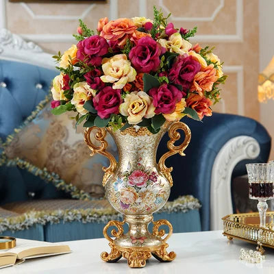 Obbty Luxury European Resin Vase Stereoscopic Dried Fowers Arrangement Wobble Plate Living Room Entrance Ornaments Home Decorations