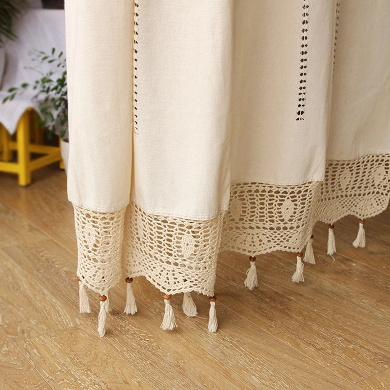 Obbty Linen Hollow Solid Curtain Handmade Crochet Bottom Stitching 70% Blackout Window Curtain Customizable for Living Room