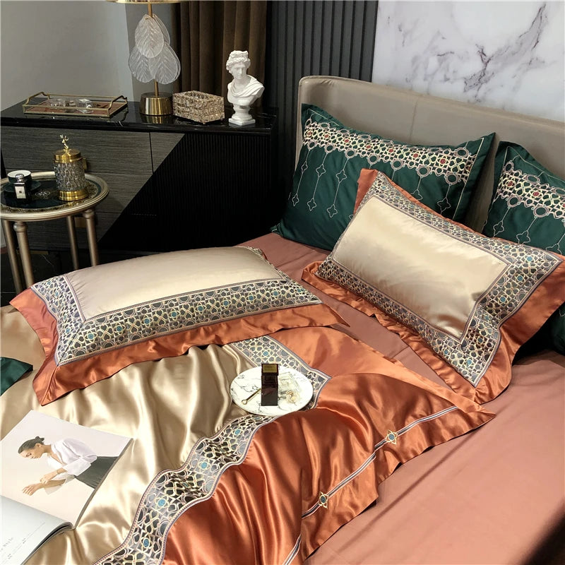 Obbty Luxury Champagne/Orange Retro Egyptian Cotton High Precision Embroidery Bedding Set Satin Smooth Duvet Cover BedSheet Pillowcase