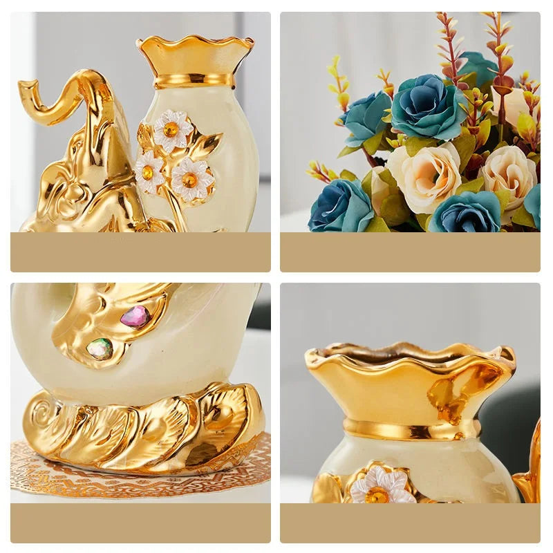 Obbty European Style Ceramic Golden Vase Arrangement Dining Table Home Decoration Accessories Creative Golden Elephant Vases