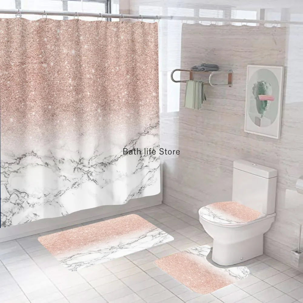 Obbty White Marble Shower Curtain Luxury Golden Modern With Non Slip Rug Mat Bathroom Curtain Waterproof Polyester Home Decor 180x180