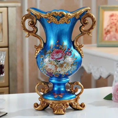 Obbty Luxury European Resin Vase Stereoscopic Dried Fowers Arrangement Wobble Plate Living Room Entrance Ornaments Home Decorations