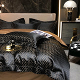 Obbty New Luxury Black Gold Yarndyed Jacquard Egyptian Cotton Bedding Set Satin Smooth Duvet Cover Flat/Fitted Sheet Pillowcases 4Pcs