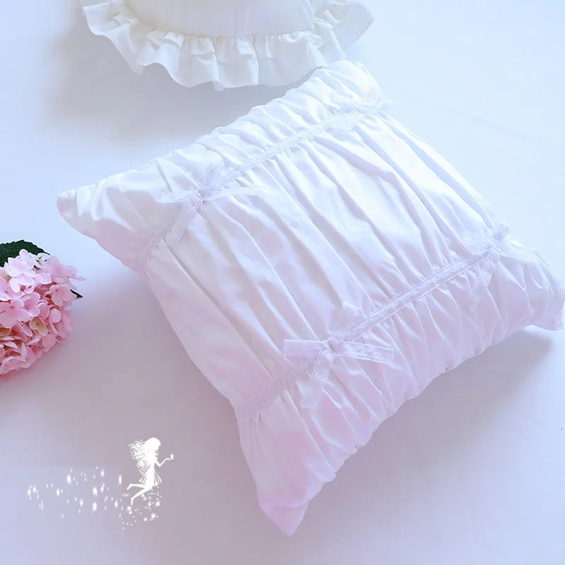 Obbty Korean 100% Cotton Solid White Cushion Covers, Ruffles Cake Layers Pillow Cases, Princess Romantic Pink Lace Pillow Covers