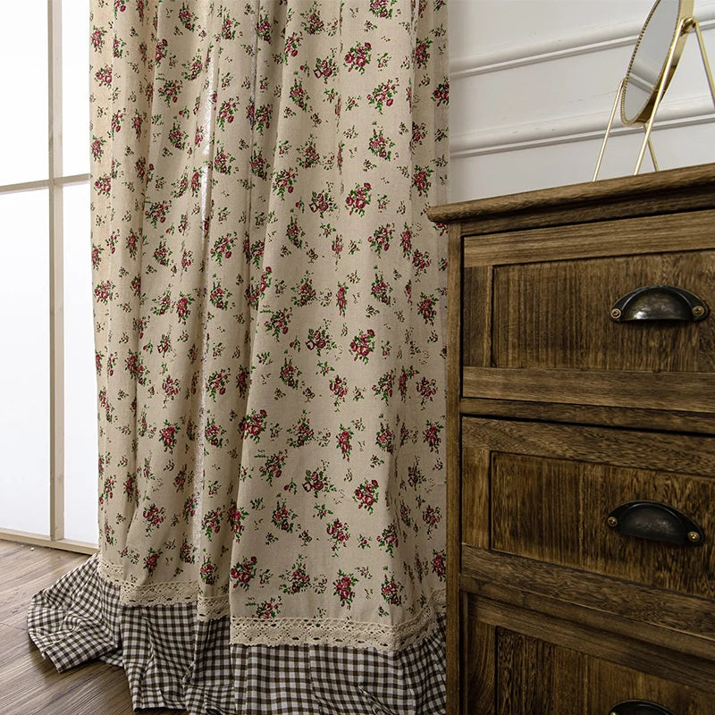 Obbty Korean Rural Plaid Curtains Floral Cotton Linen Blackout Cortinas Beautiful Pastoral Ruffles Window Treatments with Valance