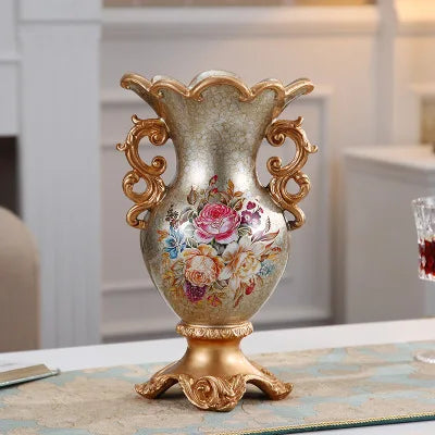 Obbty Luxury European Resin Vase Stereoscopic Dried Fowers Arrangement Wobble Plate Living Room Entrance Ornaments Home Decorations