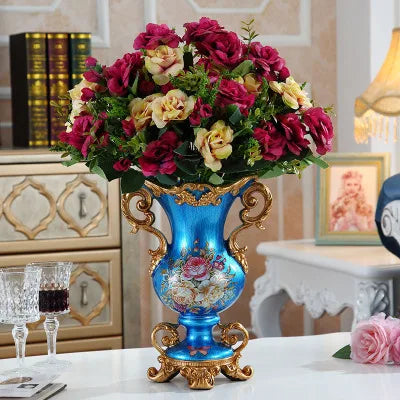 Obbty Luxury European Resin Vase Stereoscopic Dried Fowers Arrangement Wobble Plate Living Room Entrance Ornaments Home Decorations