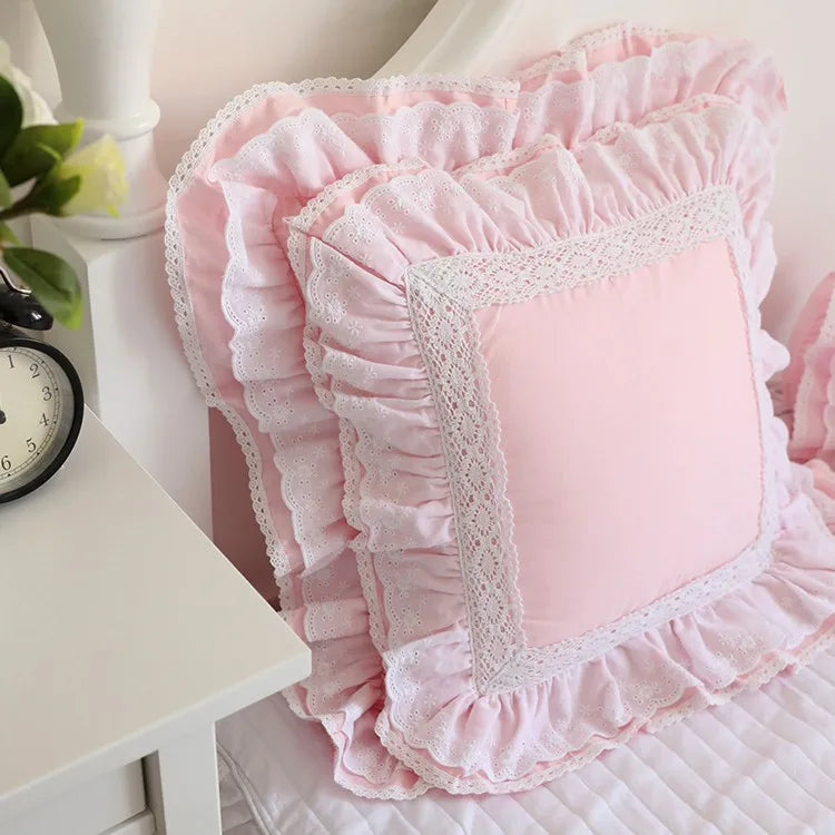 Obbty Korean 100% Cotton Solid White Cushion Covers, Ruffles Cake Layers Pillow Cases, Princess Romantic Pink Lace Pillow Covers