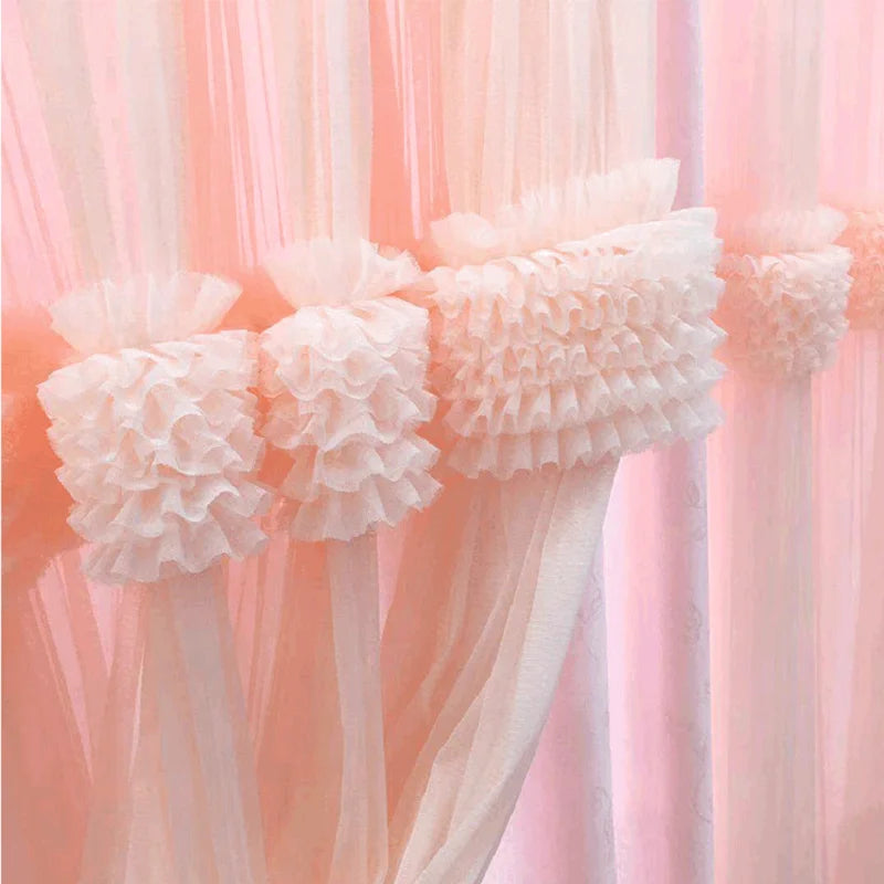 Obbty New Princess Double Layer Shading Pink Blackout Curtain Drape for Baby Girl Bedroom Lace Flower Living Room Wedding Window Decor